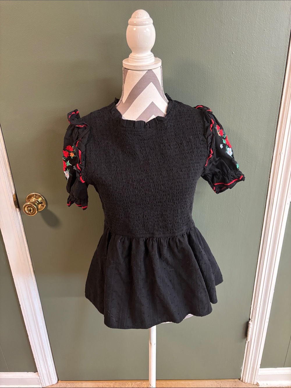 Savanna Jane Black Smocked Peplum Top with Red & Green Floral Puff Sleeves